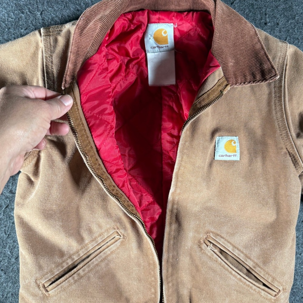 Vintage Carhartt Y04 Detroit Jacket Youth 8 Brown Duck Red Quilt Lined Distress - Picture 5 of 10
